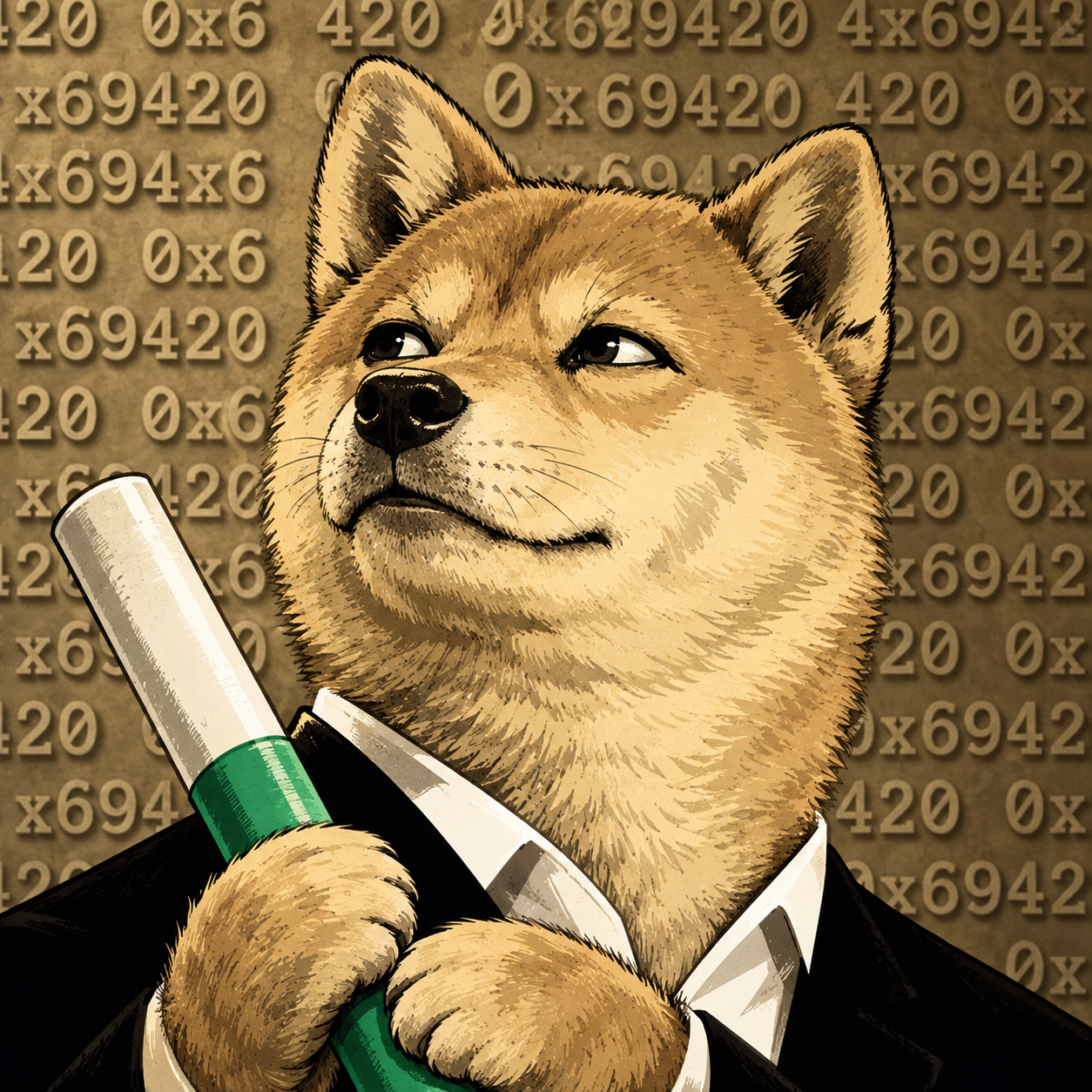 Baton, a confident golden Shiba Inu in a suit holding a green and ivory baton